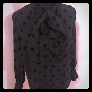 Black sheer blouse with raised polka dot print.